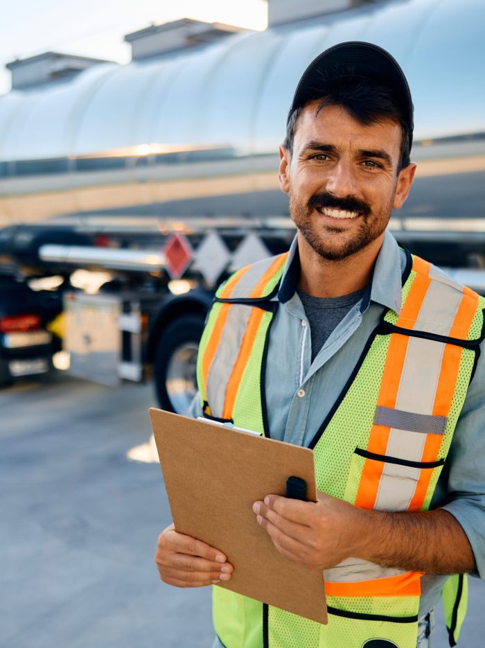 Happy Truck Dispatcher On Parking Lot Looking