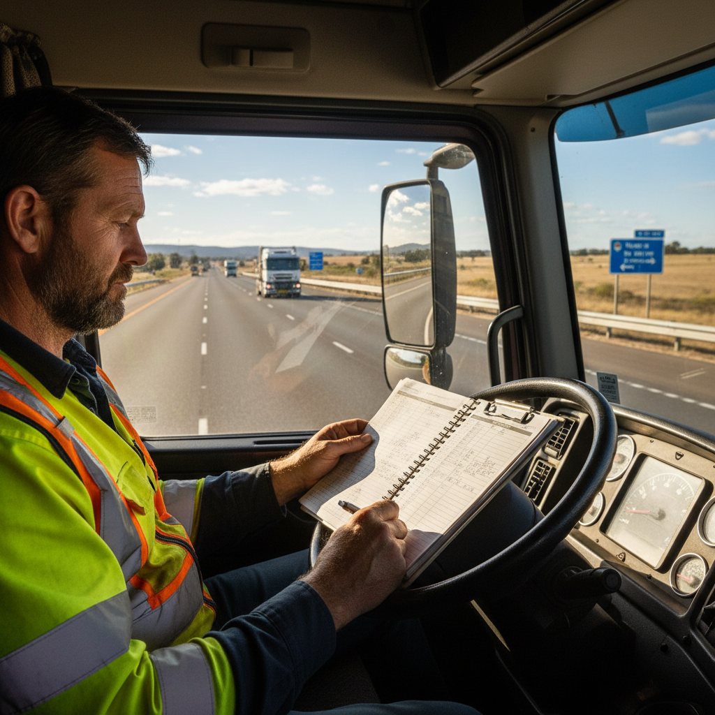 truck driver reviewing work diary fatigue management NSW