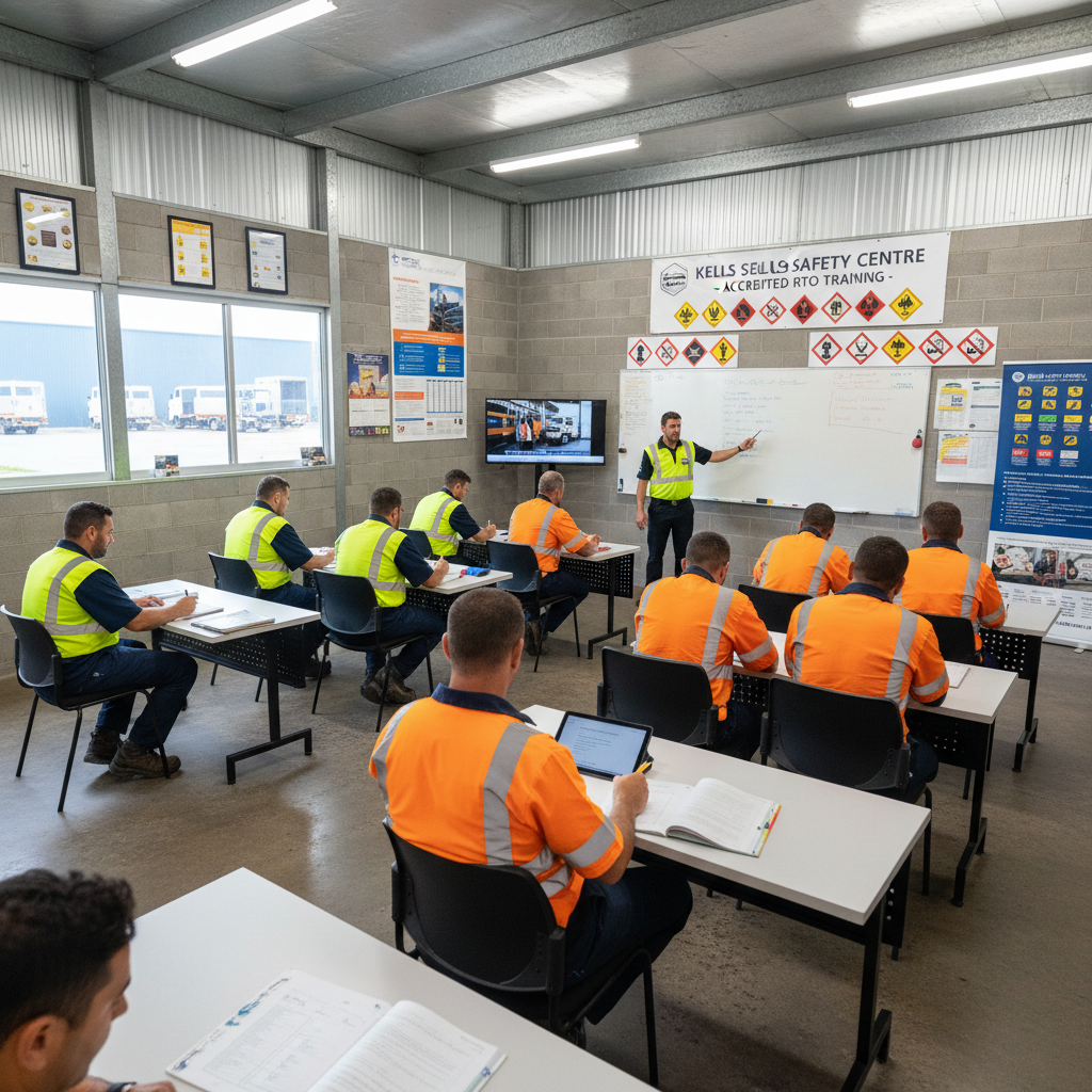 Professional training room at Kells Safety Centre with truck drivers in high-visibility vests learning dangerous goods handling