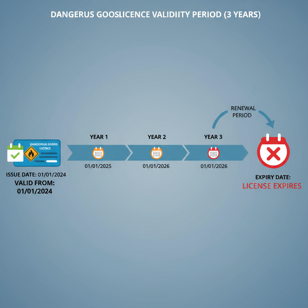 Visual timeline graphic showing the 3-year dangerous goods licence validity period from issue to expiry