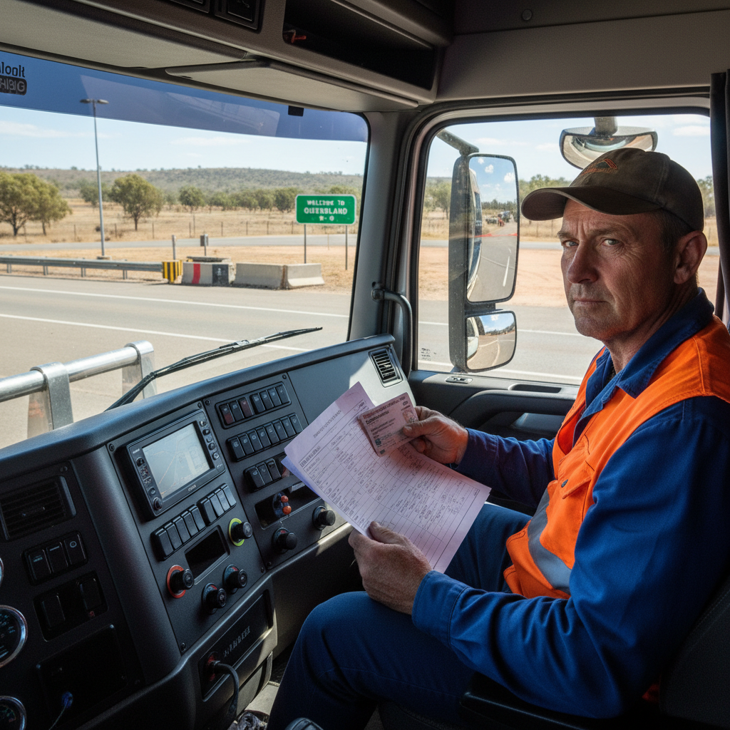 Australian truck driver reviewing dangerous goods licence at state border crossing NSW