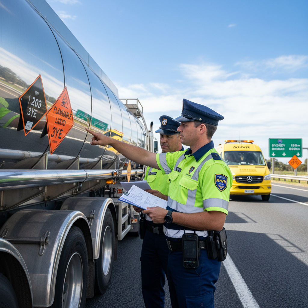 NHVR officer conducting roadside dangerous goods inspection NSW highway
