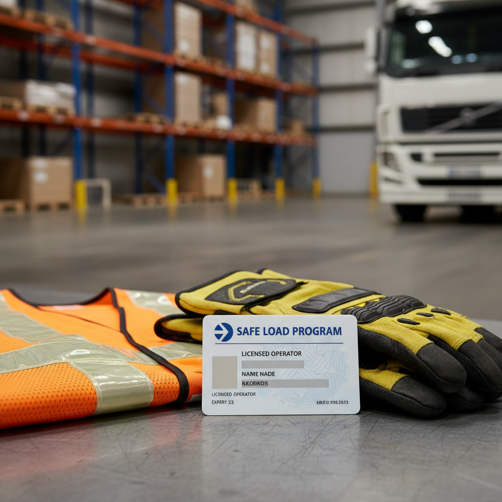 SLP licence card with high-visibility vest and work gloves
