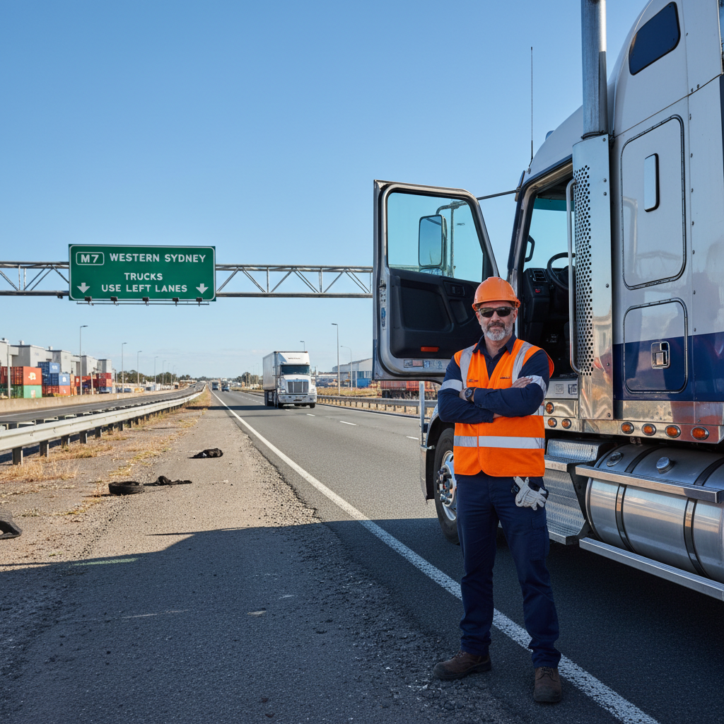 Professional truck driver in high-visibility vest standing beside a transport truck on an NSW highway