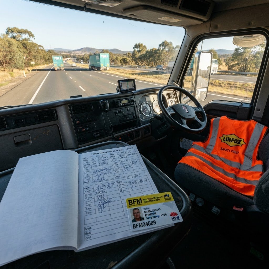 Advanced fatigue management course NSW — truck driver work diary and BFM accreditation card on dashboard