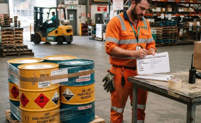 Warehouse worker filling out a dangerous goods consignment note next to palletised drums in NSW