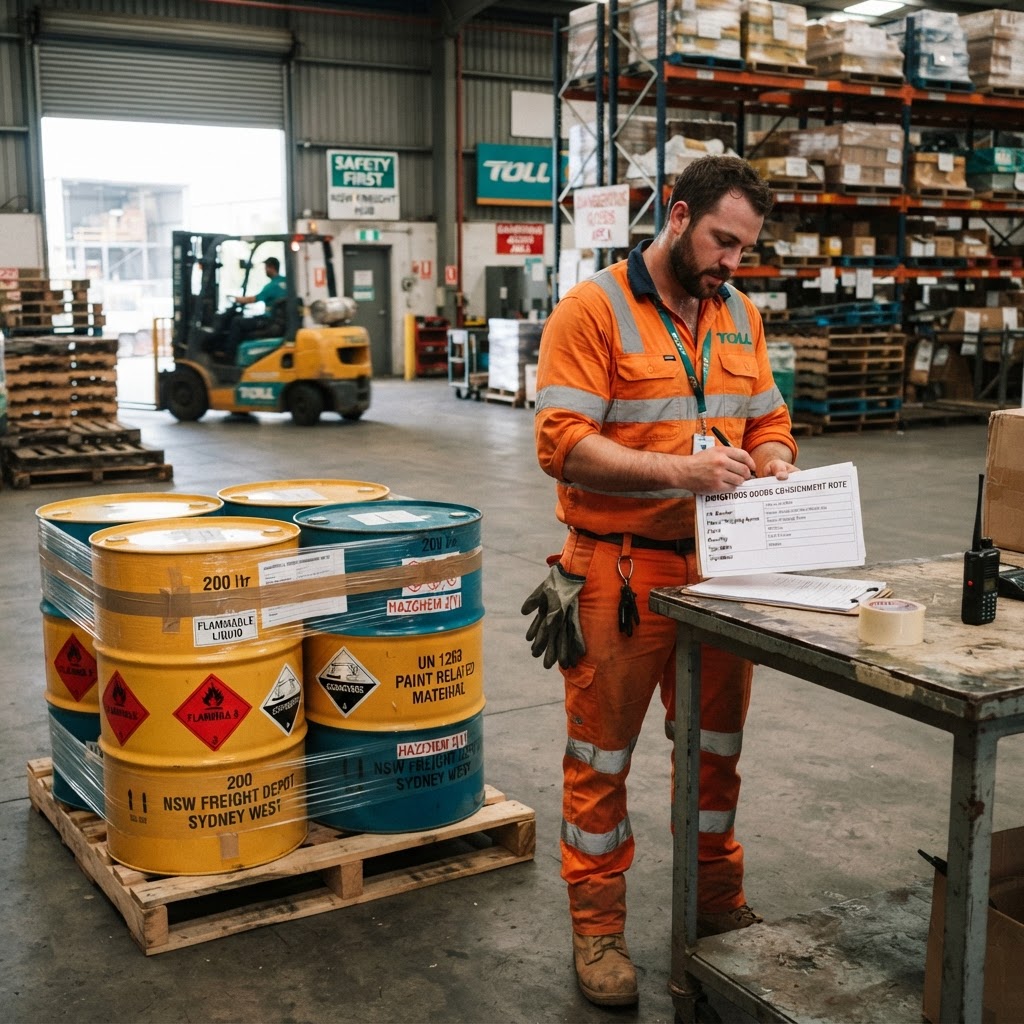 Warehouse worker filling out a dangerous goods consignment note next to palletised drums in NSW