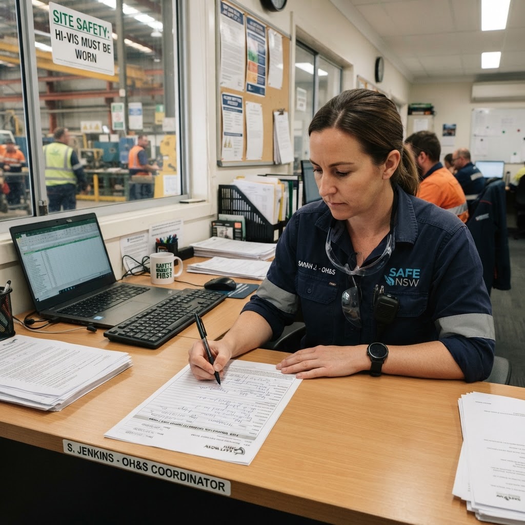 safety coordinator filling incident report form, industrial office NSW