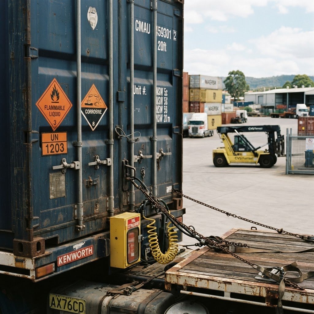 Shipping container with dangerous goods diamond placards on truck bed — professional DG transport logistics depot setting
