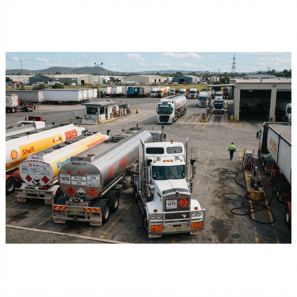 Fleet of dangerous goods tanker trucks with compliant emergency information panels at a NSW depot
