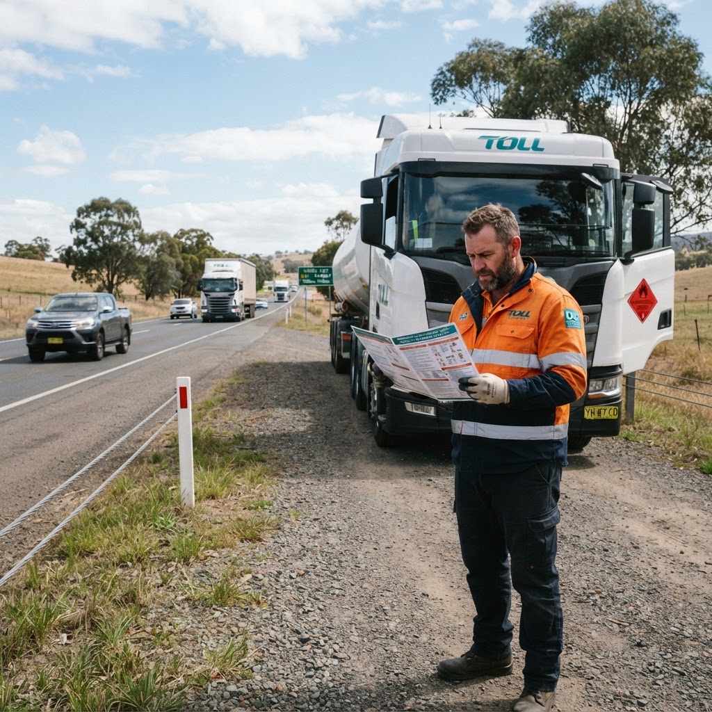 DG truck driver in high-vis reading emergency procedures at roadside, NSW highway