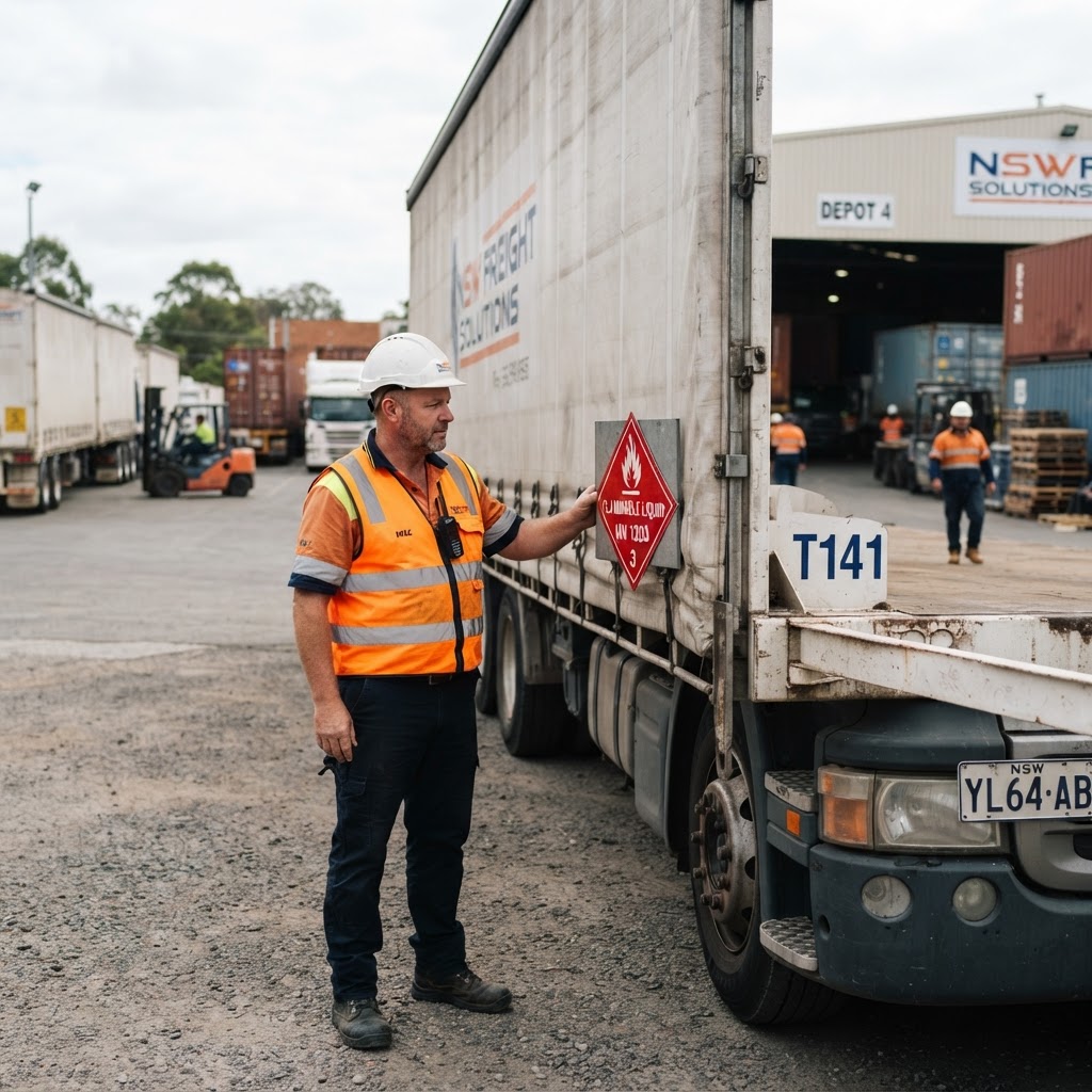 Dangerous goods driver inspecting an emergency information panel placard on a truck in NSW