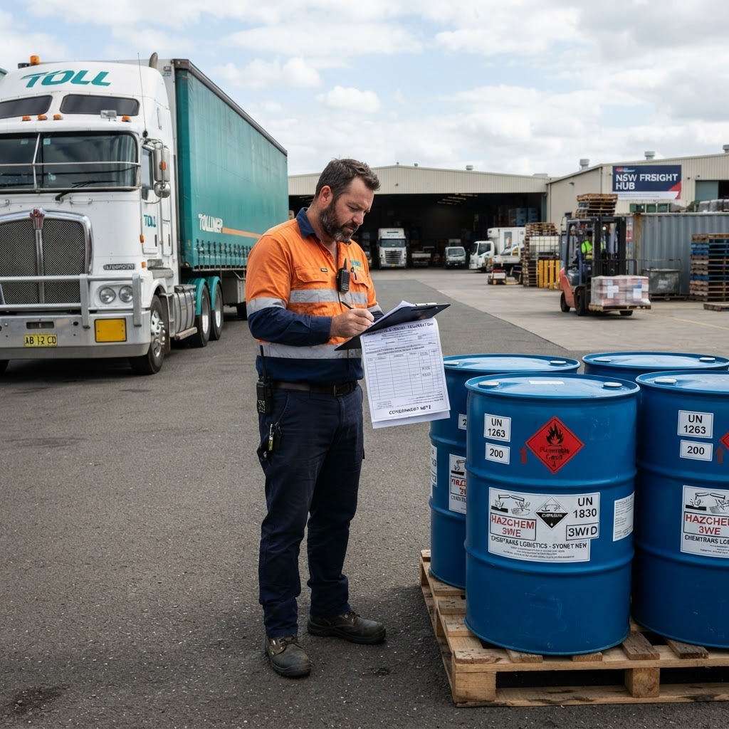 Truck driver checking a dangerous goods consignment note against labelled drums before loading