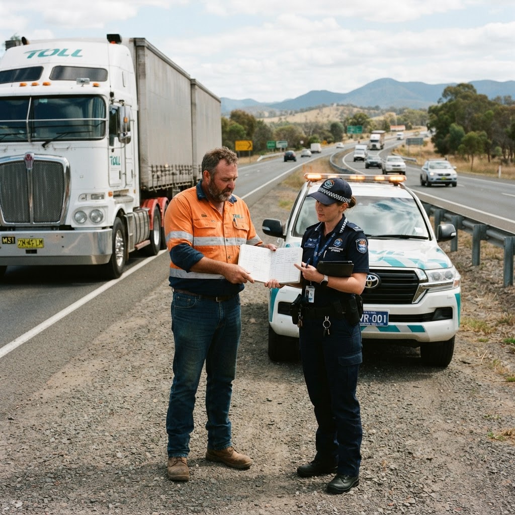 Truck driver handing a work diary to an NHVR compliance officer for roadside inspection