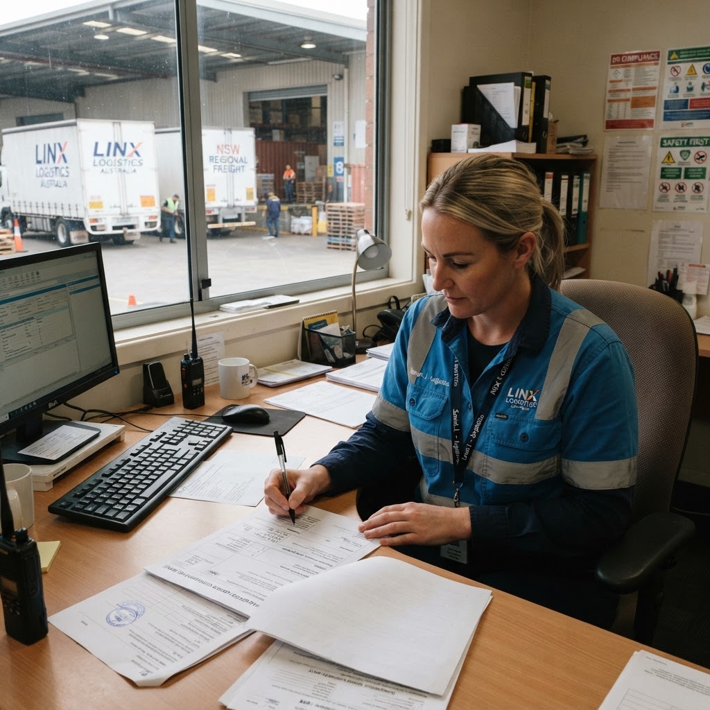 Logistics coordinator signing a dangerous goods consignment note at a warehouse office