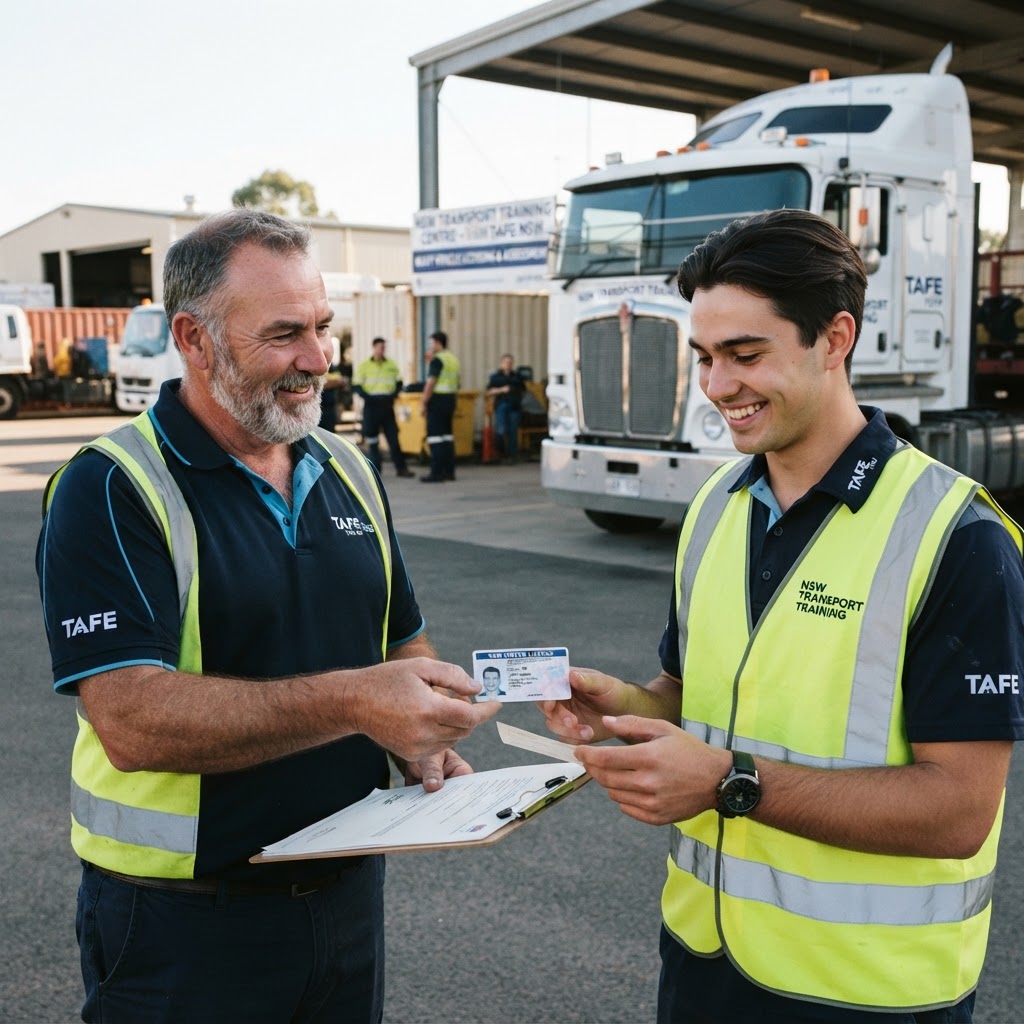 New truck driver receiving a licence card from an instructor at a NSW training centre