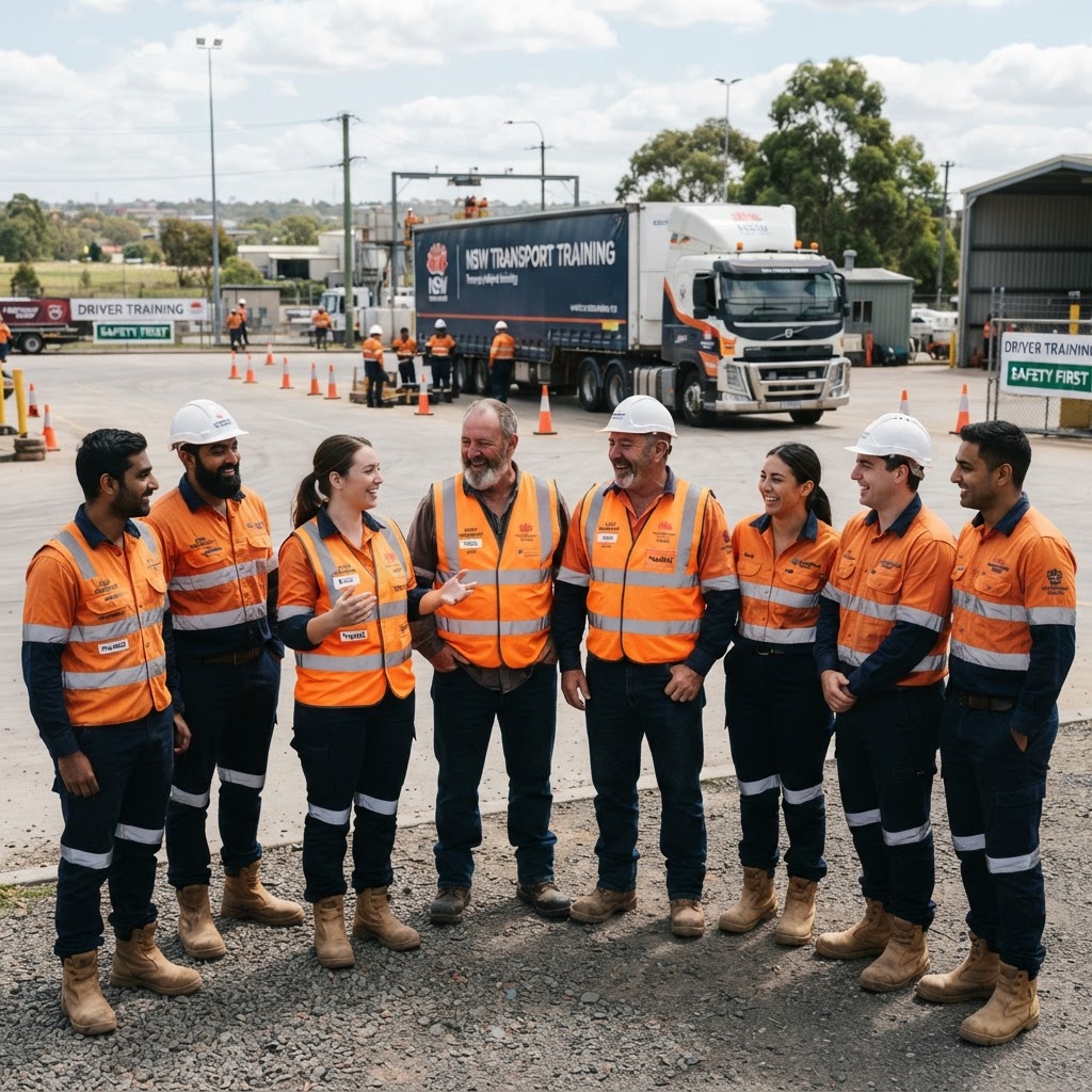 Group of new dangerous goods drivers in high-vis vests at a NSW training facility