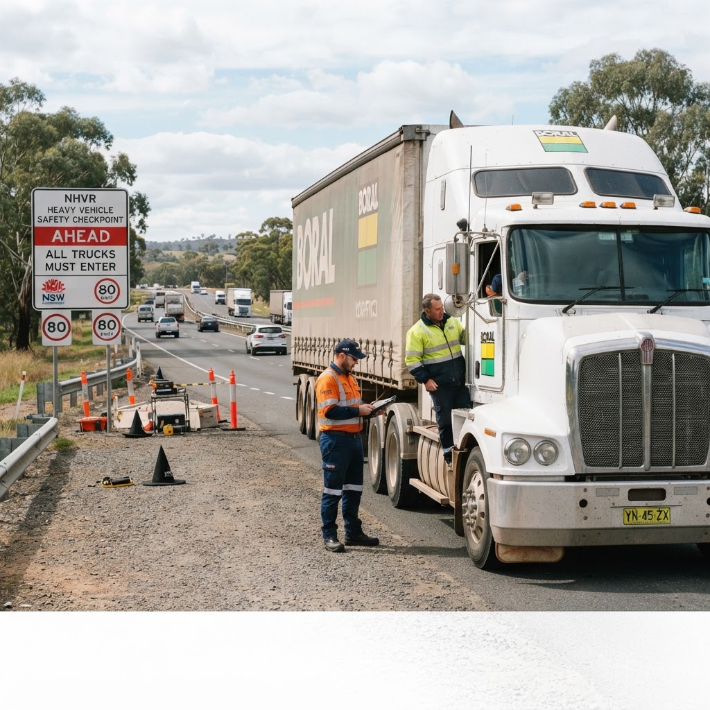Heavy vehicle stopped at an NHVR roadside inspection checkpoint on a NSW highway