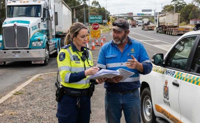 NHVR officer conducting a roadside fatigue compliance check with a truck driver in NSW