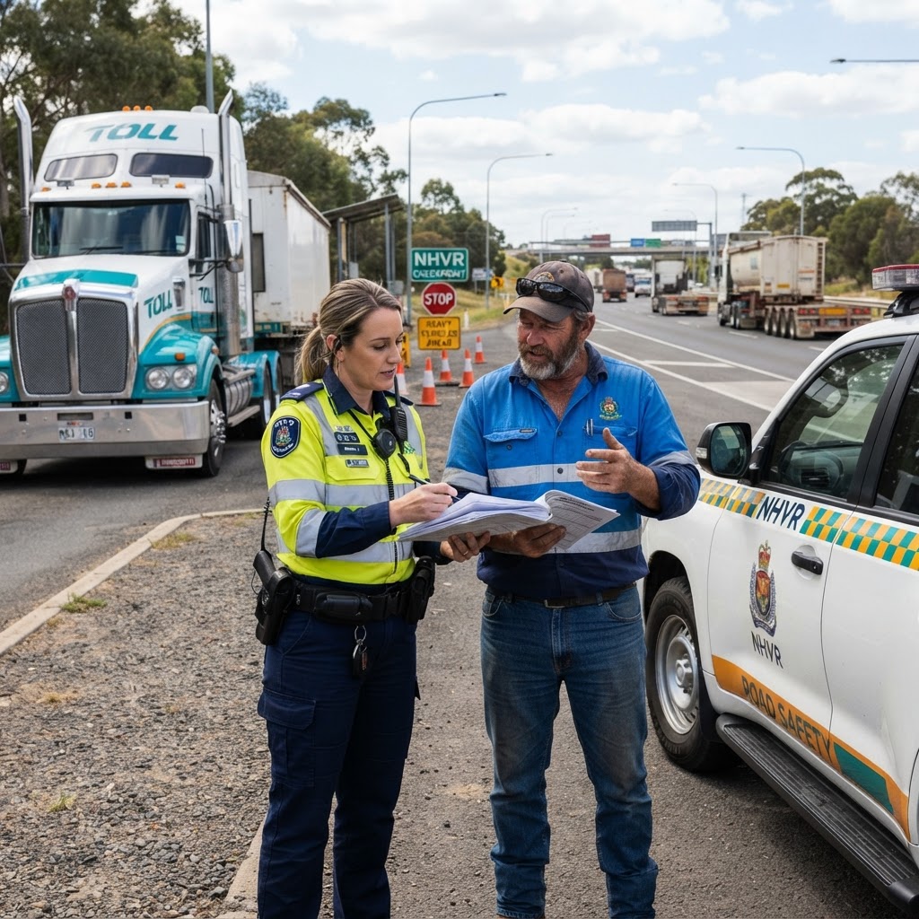 NHVR officer conducting a roadside fatigue compliance check with a truck driver in NSW