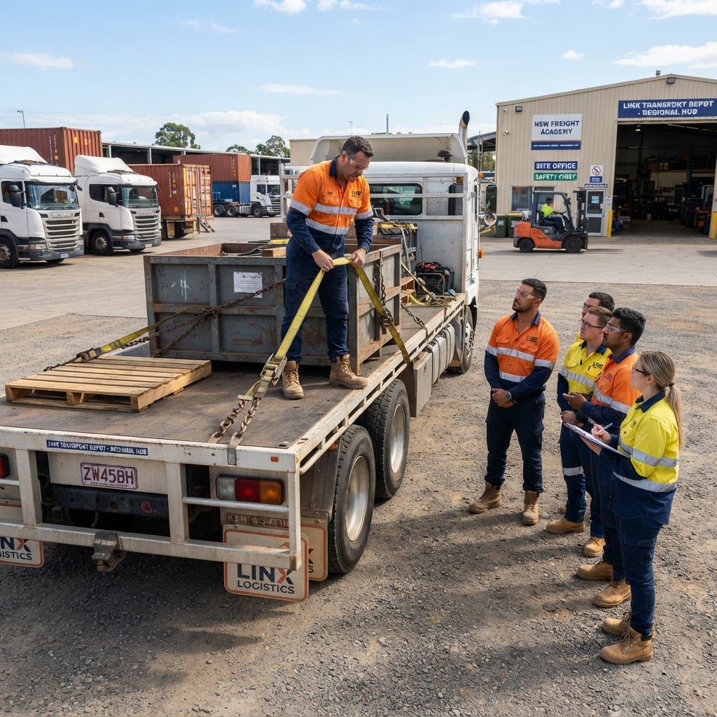 SLP load restraint training NSW - trainer demonstrating cargo securing