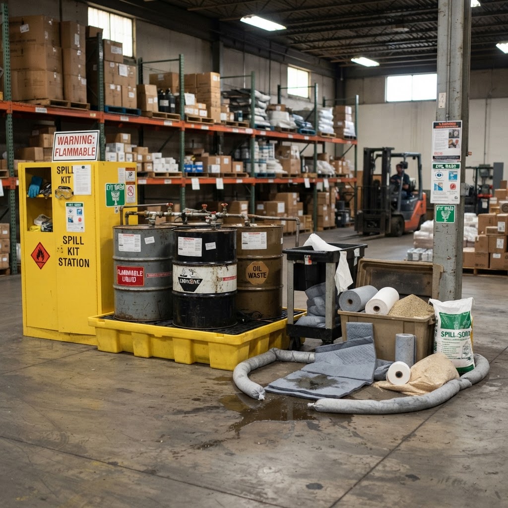 spill containment equipment, absorbent materials near industrial drums, warehouse