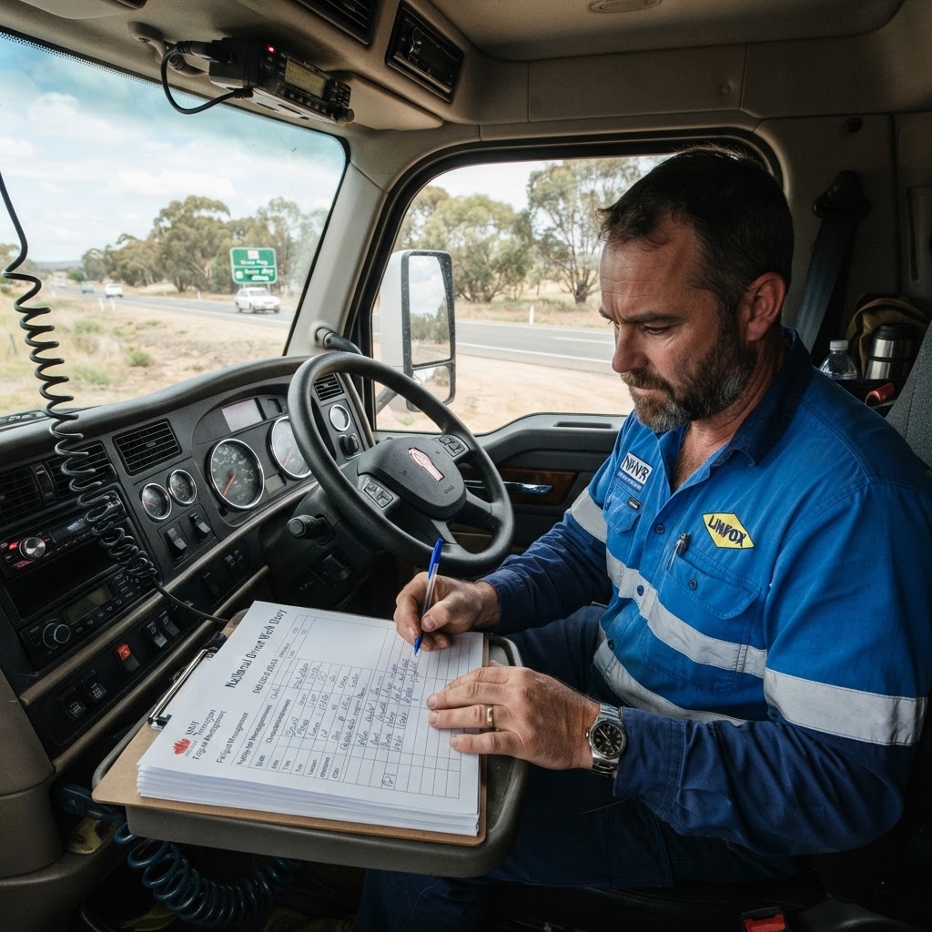 Truck driver filling out a paper work diary logbook inside the cab