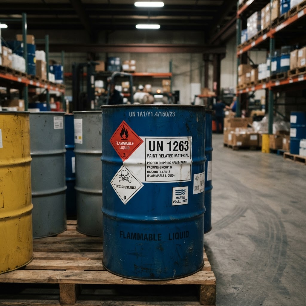 UN number and hazard labels on dangerous goods drums in a NSW warehouse