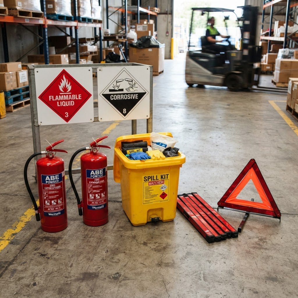 ADG Code fire safety equipment including extinguishers spill kit and warning triangles for DG vehicles NSW