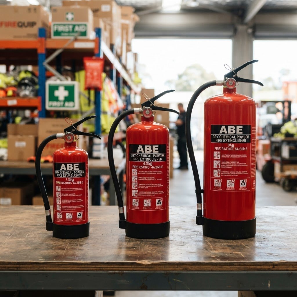 Three ABE dry chemical powder fire extinguishers compared side by side in 1.5kg 4.5kg and 9kg sizes for NSW DG vehicles
