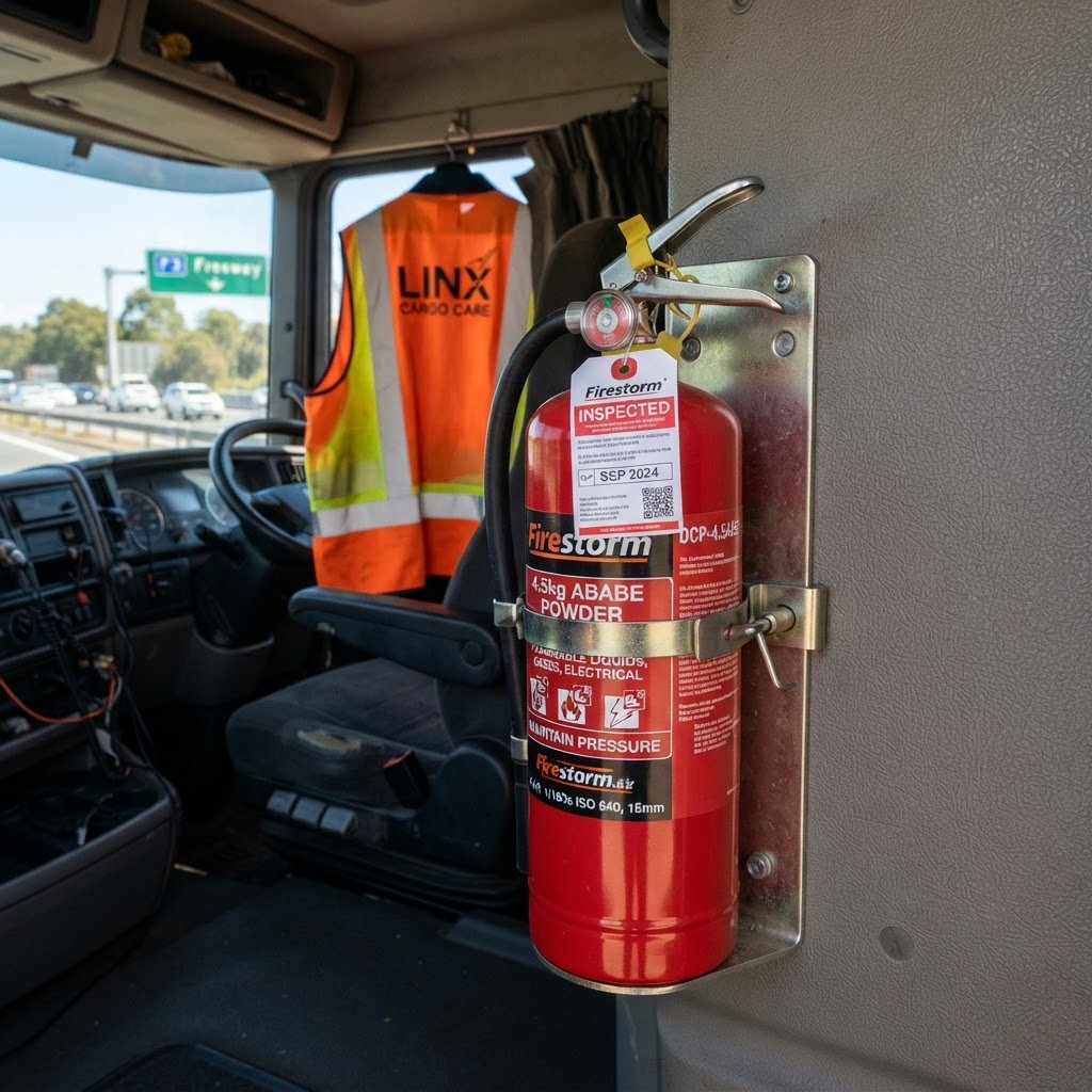 ABE dry chemical powder fire extinguisher mounted inside truck cabin with quick release bracket NSW