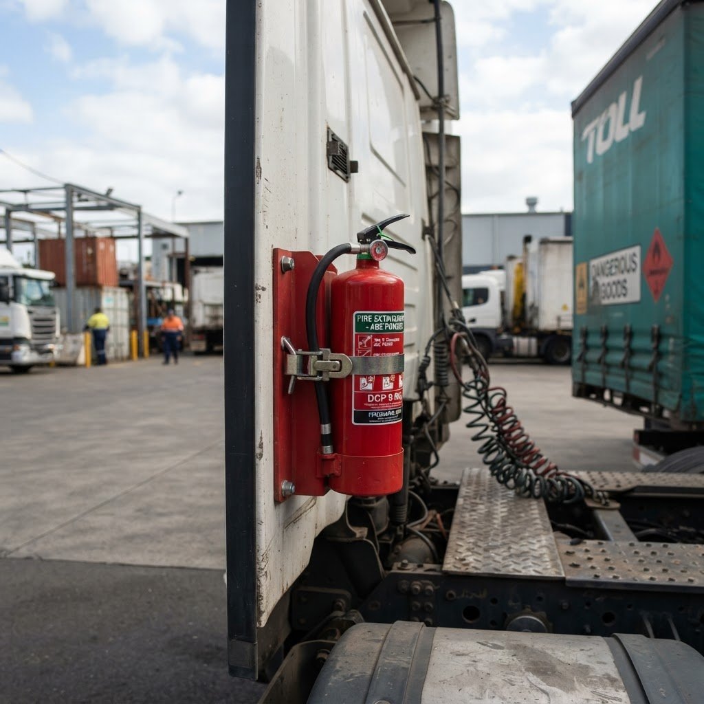 Fire extinguisher mounted on rear of truck cab for dangerous goods vehicle compliance NSW