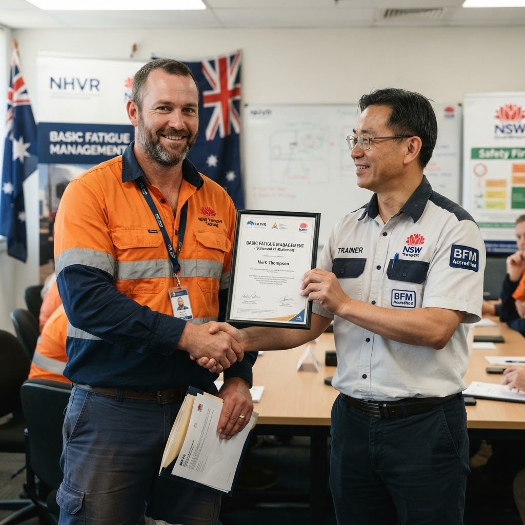 Truck driver receiving BFM Statement of Attainment certificate from trainer at NSW training centre