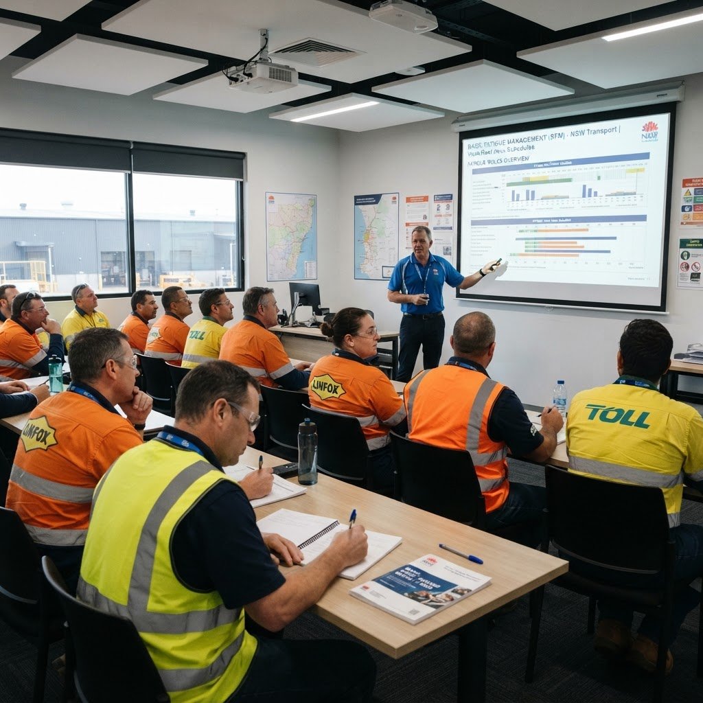 BFM fatigue management training classroom in NSW with transport workers learning work and rest hour rules