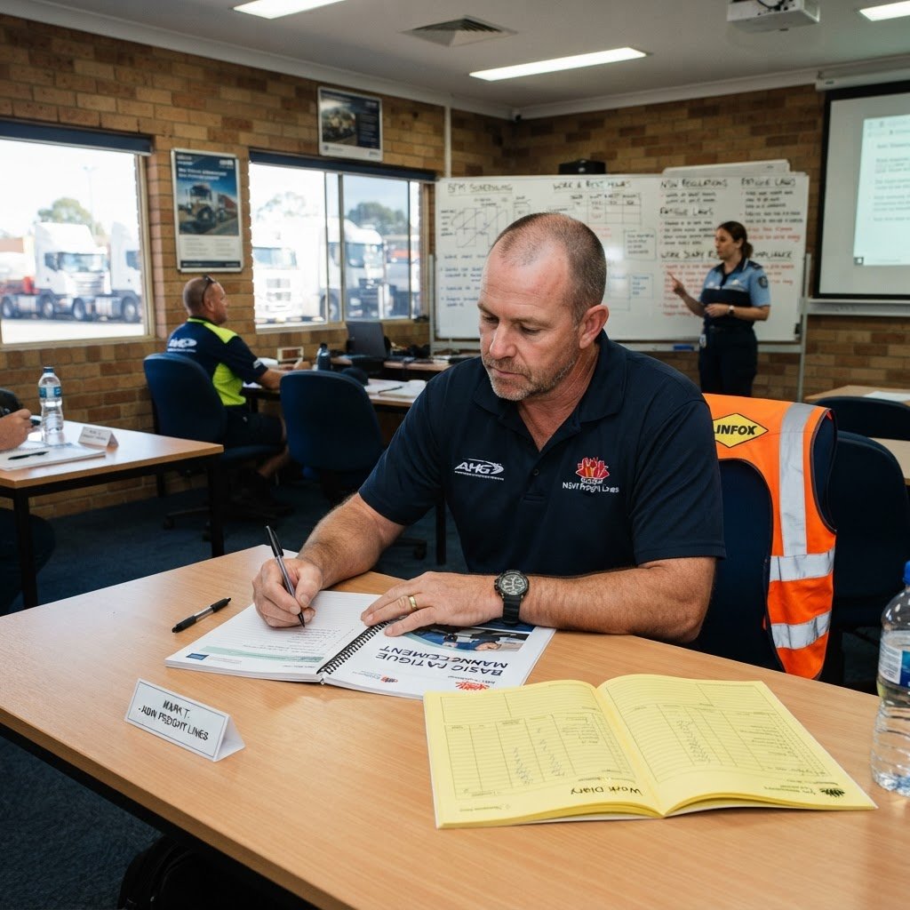 NSW truck driver in BFM Basic Fatigue Management training classroom writing notes with work diary and training materials