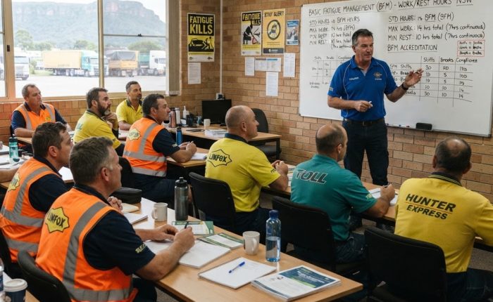 BFM Basic Fatigue Management training classroom session in Wollongong NSW with truck drivers in high-vis vests learning fatigue management rules from an instructor