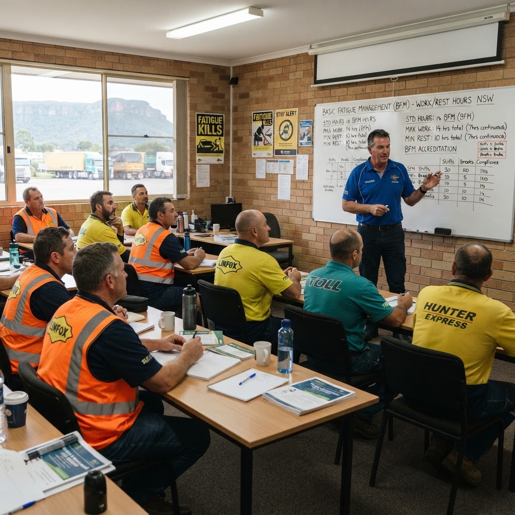 BFM Basic Fatigue Management training classroom session in Wollongong NSW with truck drivers in high-vis vests learning fatigue management rules from an instructor