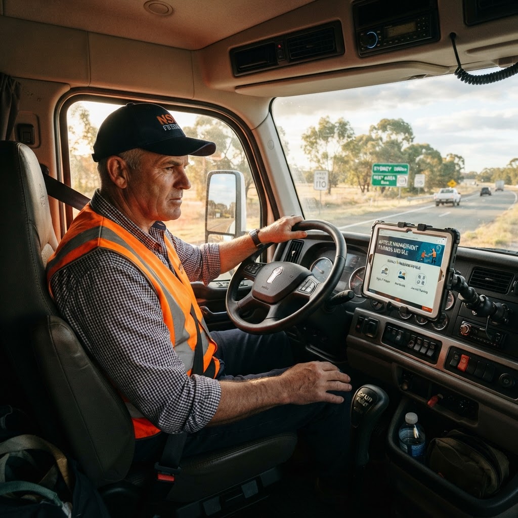 Australian truck driver in high-vis vest sitting in a heavy vehicle cab looking at a tablet showing a BFM fatigue management training module online