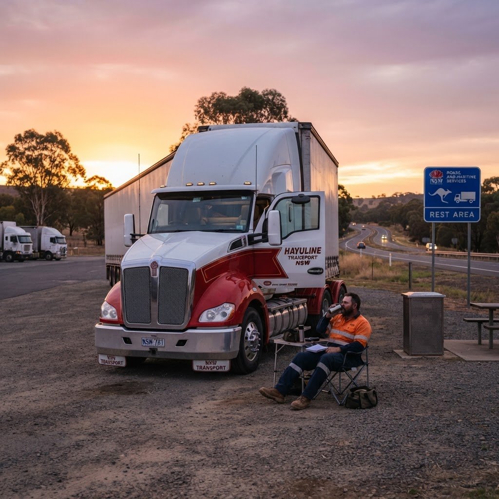 NSW heavy vehicle truck parked at rest area at sunset for scheduled BFM fatigue management rest break