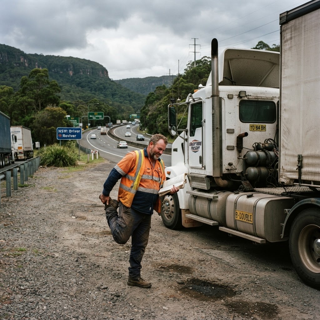 Australian truck driver in high-vis vest standing beside a heavy vehicle at a NSW highway rest stop near Wollongong stretching and checking a work diary