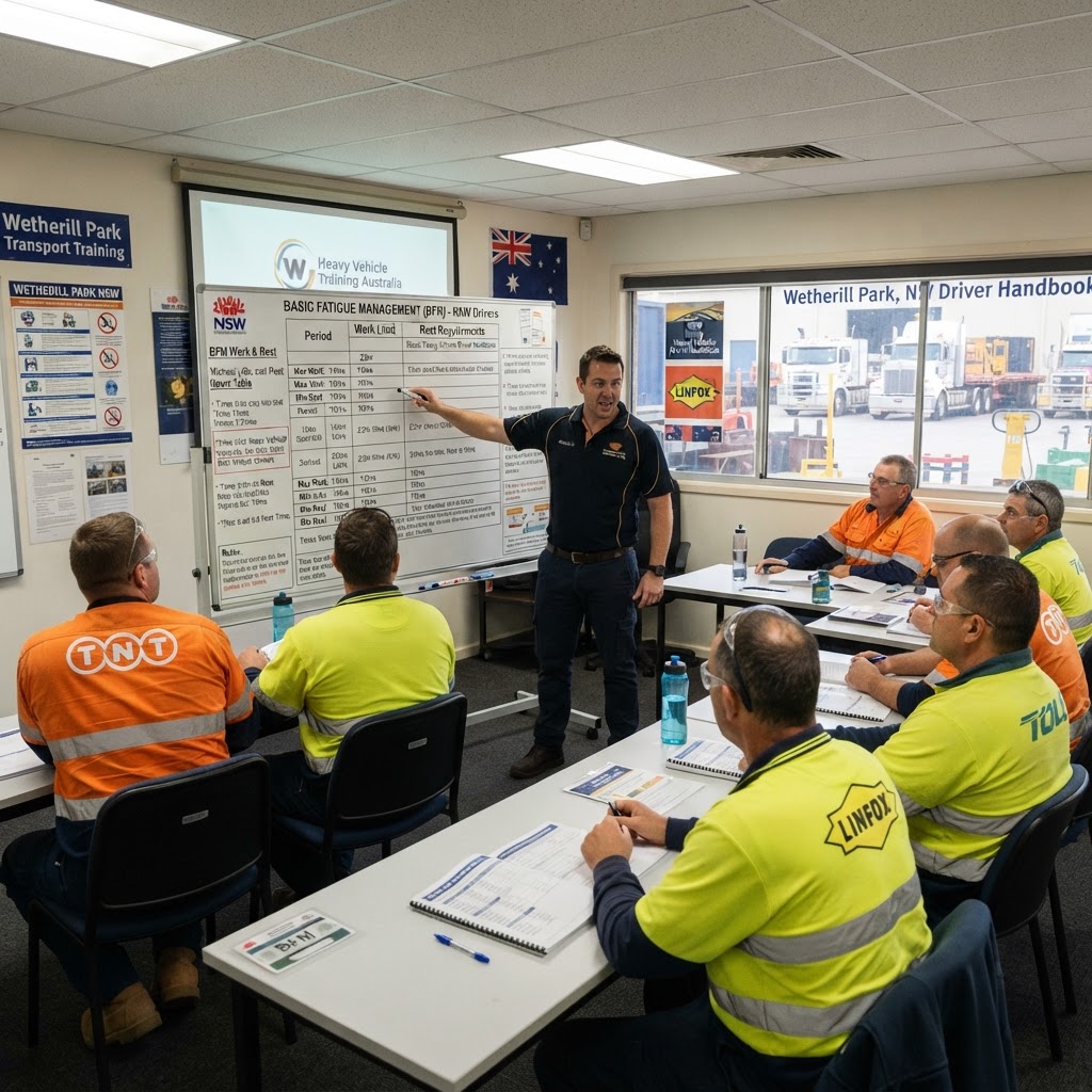 BFM fatigue management training classroom session at Kells Safety Centre Wetherill Park NSW with truck drivers in high-vis