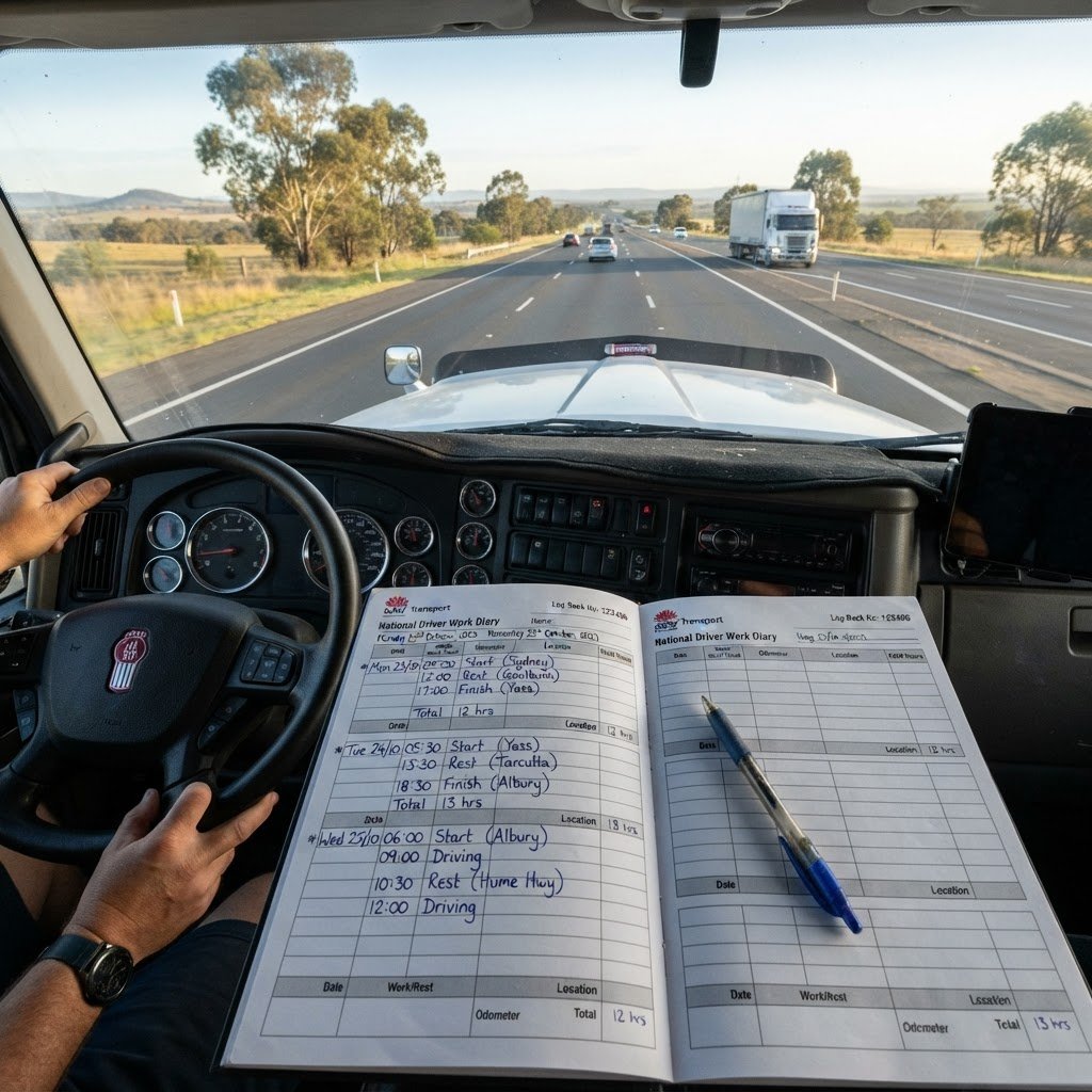 Work diary open on NSW truck dashboard showing BFM work and rest hours log entries for fatigue management compliance
