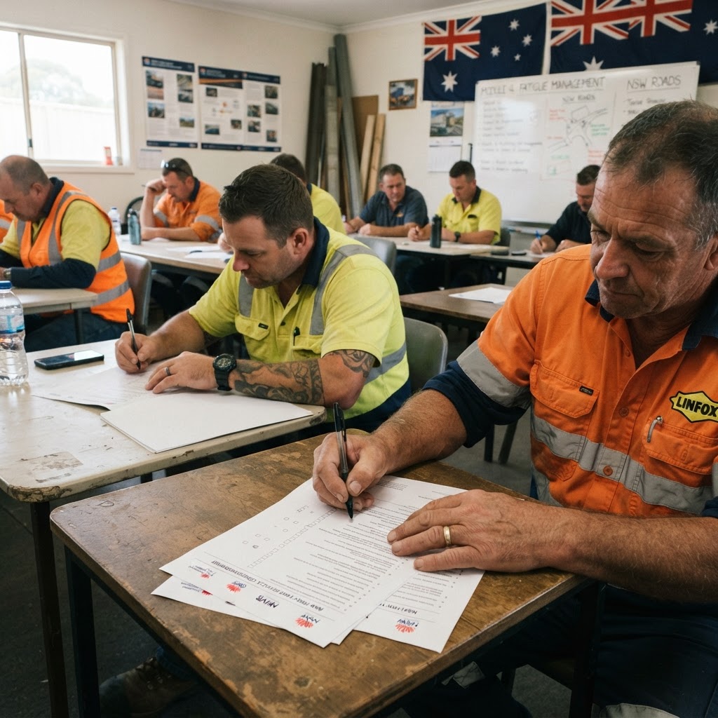 Truck drivers completing Blue Card written assessment in training room NSW