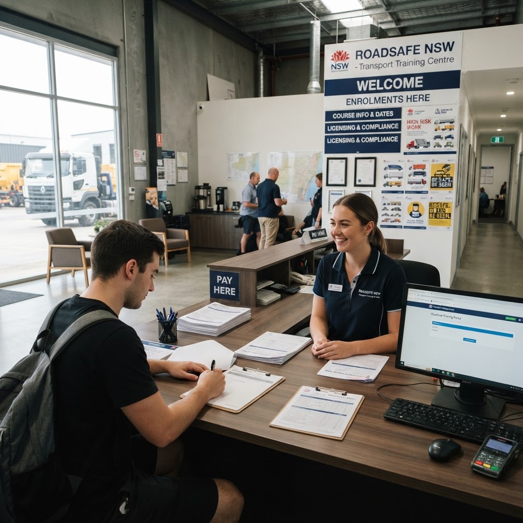 Blue Card course enrolment desk at transport safety training centre NSW