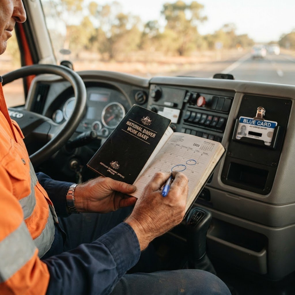 Truck driver work diary showing circled Blue Card expiry date physical reminder NSW