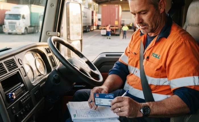 Australian truck driver reviewing Blue Card TLIF0025 renewal expiry in NSW freight depot cab