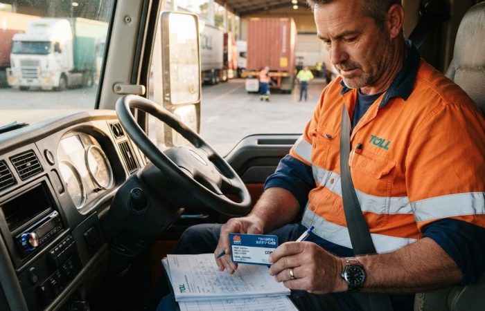 Australian truck driver reviewing Blue Card TLIF0025 renewal expiry in NSW freight depot cab