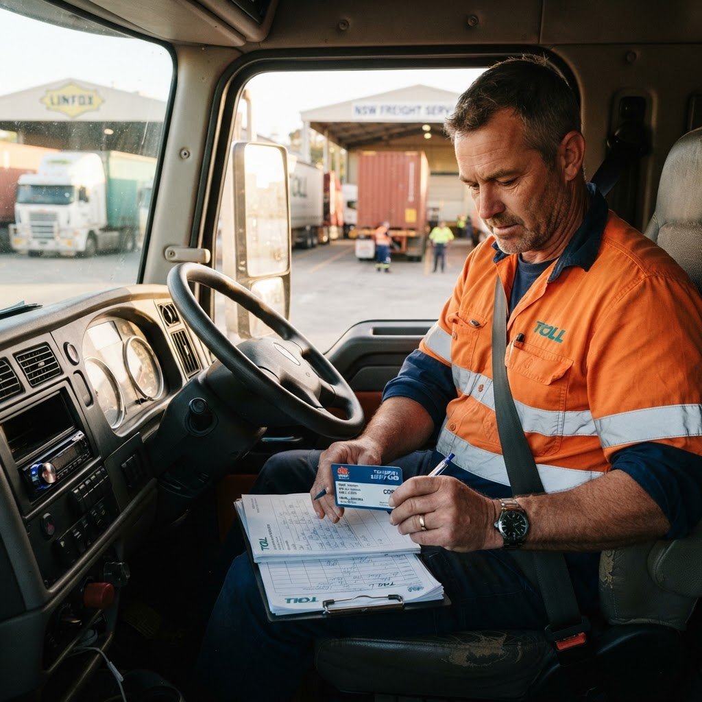 Australian truck driver reviewing Blue Card TLIF0025 renewal expiry in NSW freight depot cab