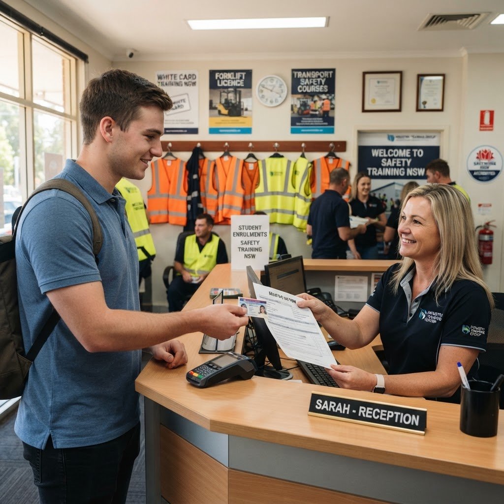 Student enrolling for Blue Card TLIF0025 renewal course at Kells Safety Centre reception NSW