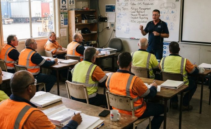 Blue Card TLIF0025 transport safety training course classroom NSW with truck drivers in high-vis vests